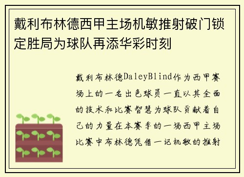 戴利布林德西甲主场机敏推射破门锁定胜局为球队再添华彩时刻